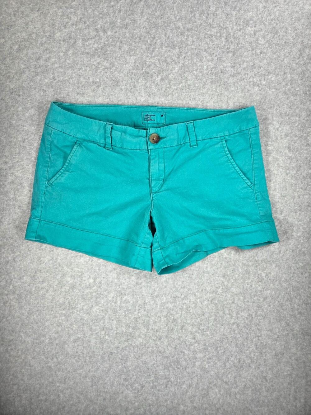 American Eagle Teal Green Midi Chino Shorts Cuffed Hem Size 8 Stretch